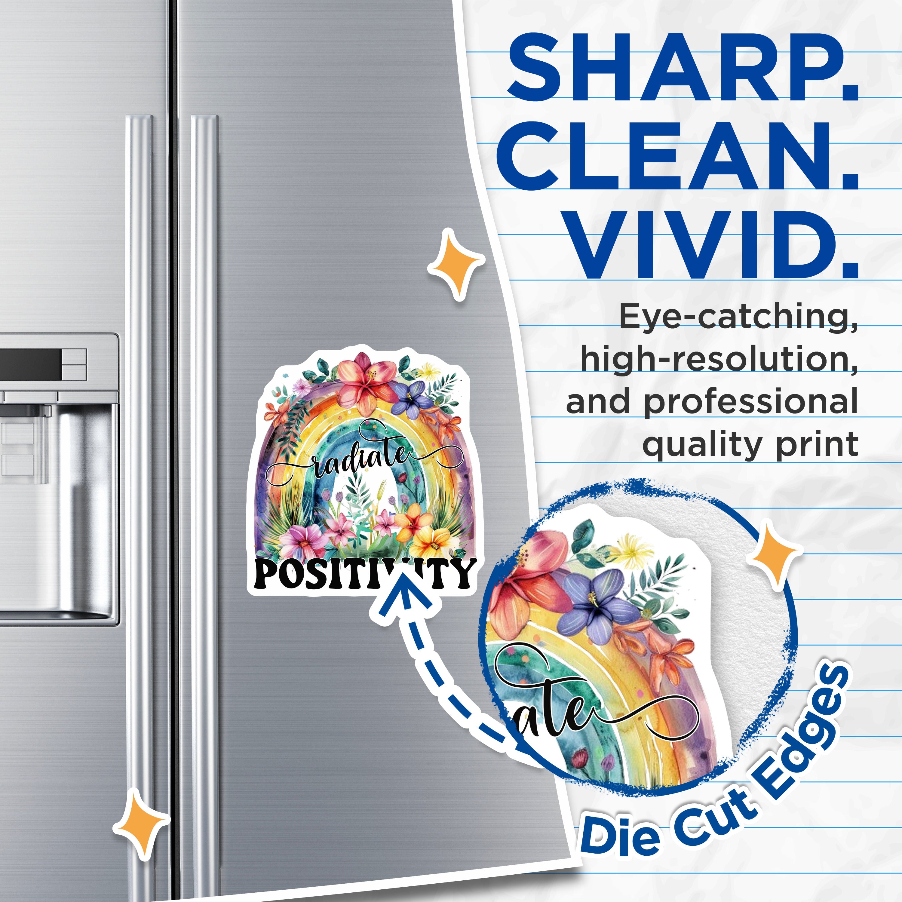 (2 Pack) Radiate Positivity Magnets - Motivational Floral Rainbow - Uplifting Affirmation Boho Decor - 5 Inches On Longest Side - Thick Durable Magnet - Made in USA - MAG37131