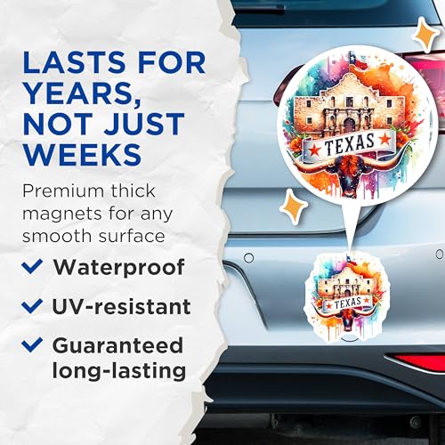 (2 Pack) Texas Magnets - Alamo Souvenir - Longhorn Decor - 5" On Longest Side - for Cars, Fridges, Toolboxes - Made in USA - MAG6925