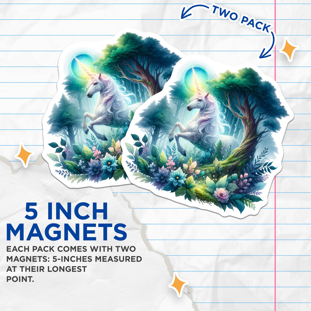 (2 Pack) Enchanted Forest Unicorn Magnets - Magical Creature Decor - Fantasy Art Fridge Accessory - 5 Inches On Longest Side - Thick Durable Magnet - Made in USA - MAG37455