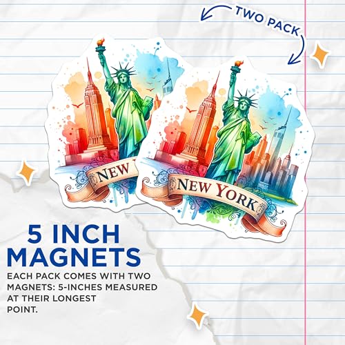 (2 Pack) New York City Magnets - Statue of Liberty Souvenirs - NYC Skyline Decor - 5" On Longest Side - for Cars, Fridges, Toolboxes - Made in USA - MAG7033