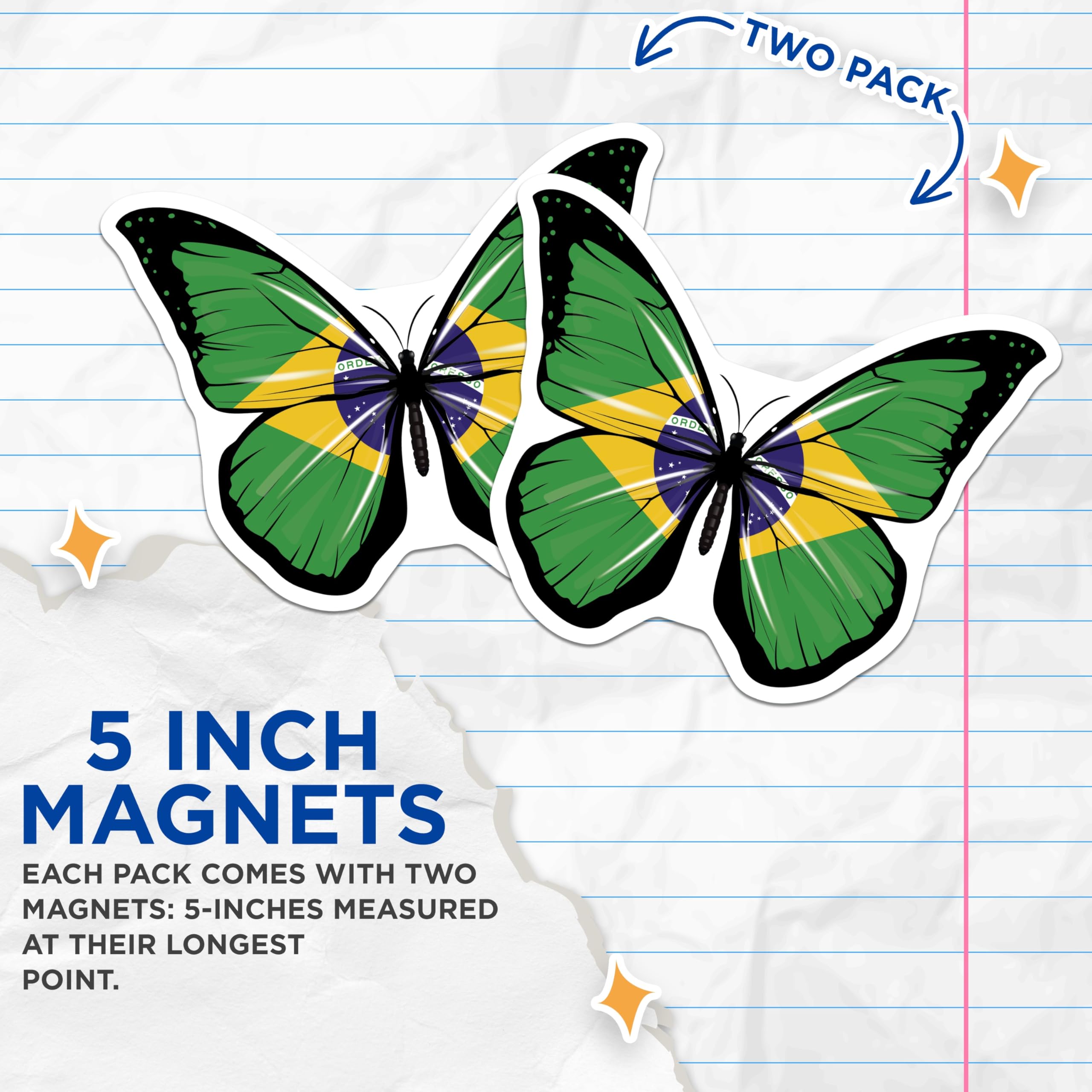 (2 Pack) Brazil Flag Butterfly Magnets - Brazilian Pride Decor - Souvenir Magnets - 5" On Longest Side - Premium Magnet - for Cars, Refrigerators, Toolboxes, Lockers - Made in USA - MAG17907