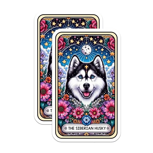 (2 Pack) Siberian Husky Stickers - Husky Dog Art Stickers - Floral Animal Art Stickers - Moon and Stars Dog Stickers - 5" On Longest Side - Sticks to Smooth Flat Surfaces - Made in USA - BMCS5308