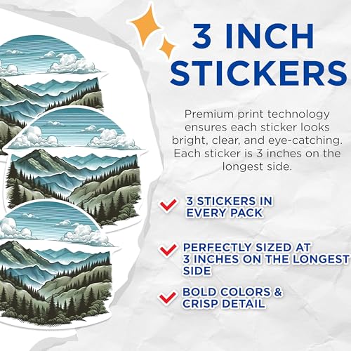 (3 Pack) Mountain Range Decals - Nature Art - Laptop Decals - 3 Inches On Longest Side - Easy Peel & Apply - Made in USA - 3MCS1156