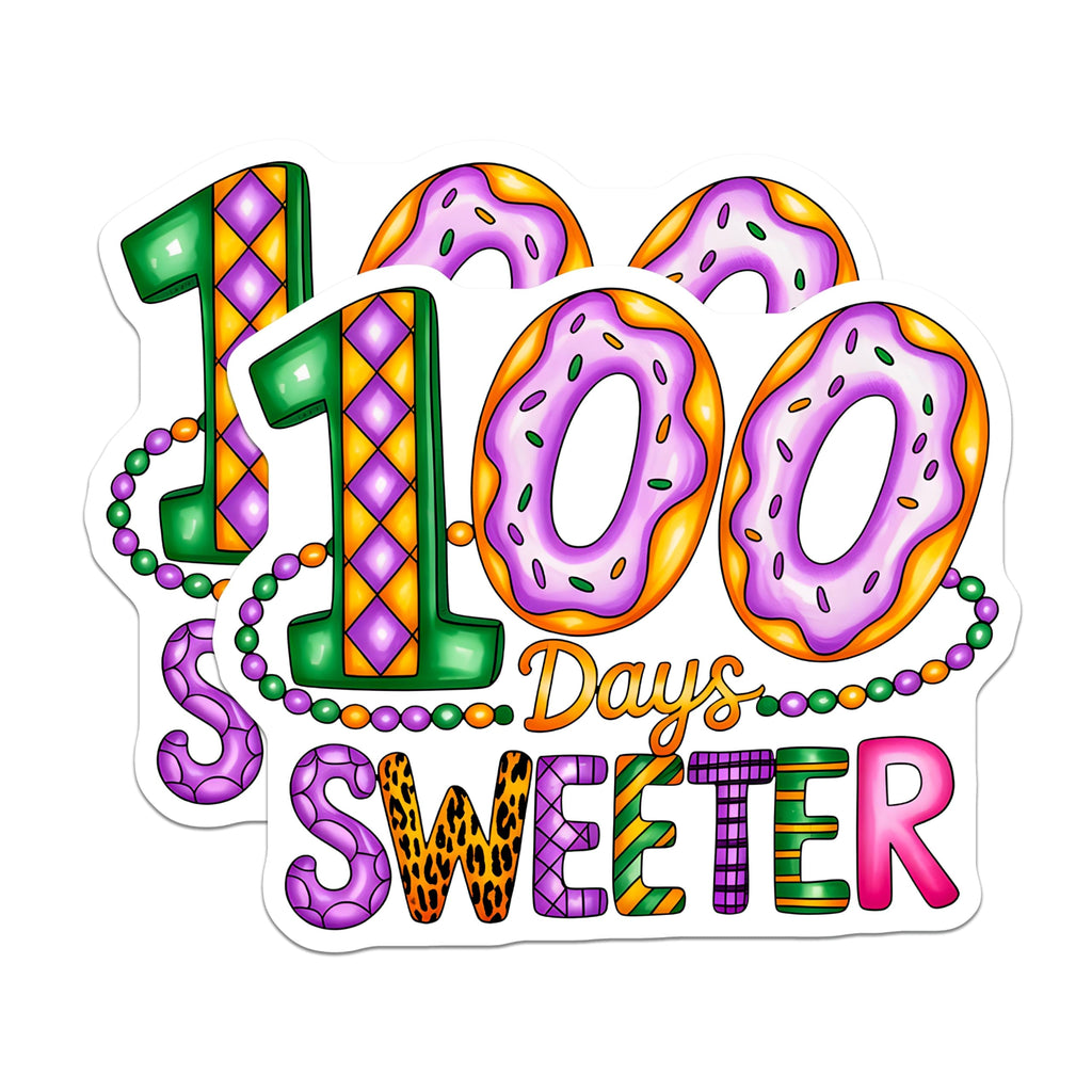 (2 Pack) 100 Days Sweeter Magnets - Teacher Classroom Decor - School Celebration - Donut Mardi Gras Style - 5 Inches On Longest Side - Thick Durable Magnet - Made in USA - MAG29721