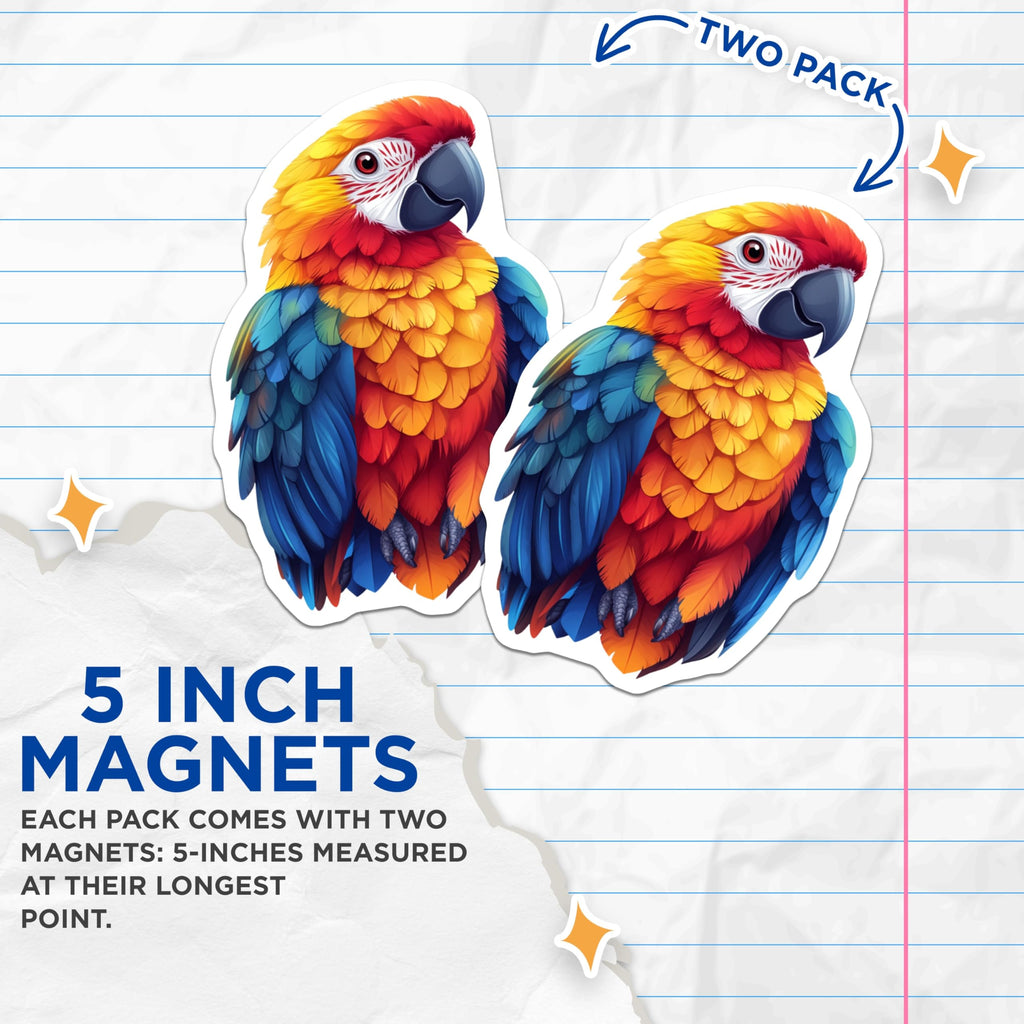 (2 Pack) Scarlet Macaw Magnets - Tropical Bird Art - Vibrant Home Decor - 5 Inches On Longest Side - Thick Durable Magnet - Made in USA - MAG25265