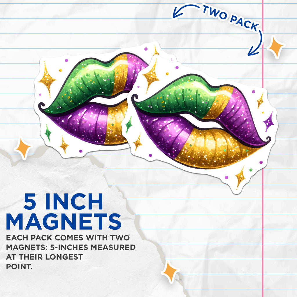 (2 Pack) Mardi Gras Lips Magnets - Festive Glitter Decor - New Orleans Party Supplies - Celebration Souvenirs - 5 Inches On Longest Side - Thick Durable Magnet - Made in USA - MAG39995