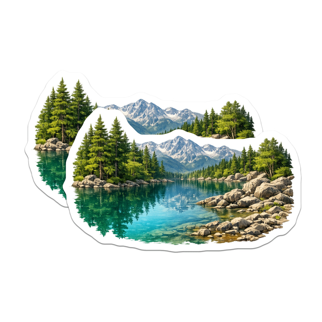 (2 Pack) Mountain Lake Magnets - Pine Forest Landscape Art - Scenic Vista Refrigerator Decor - 5 Inches On Longest Side - Thick Durable Magnet - Made in USA - MAG38056