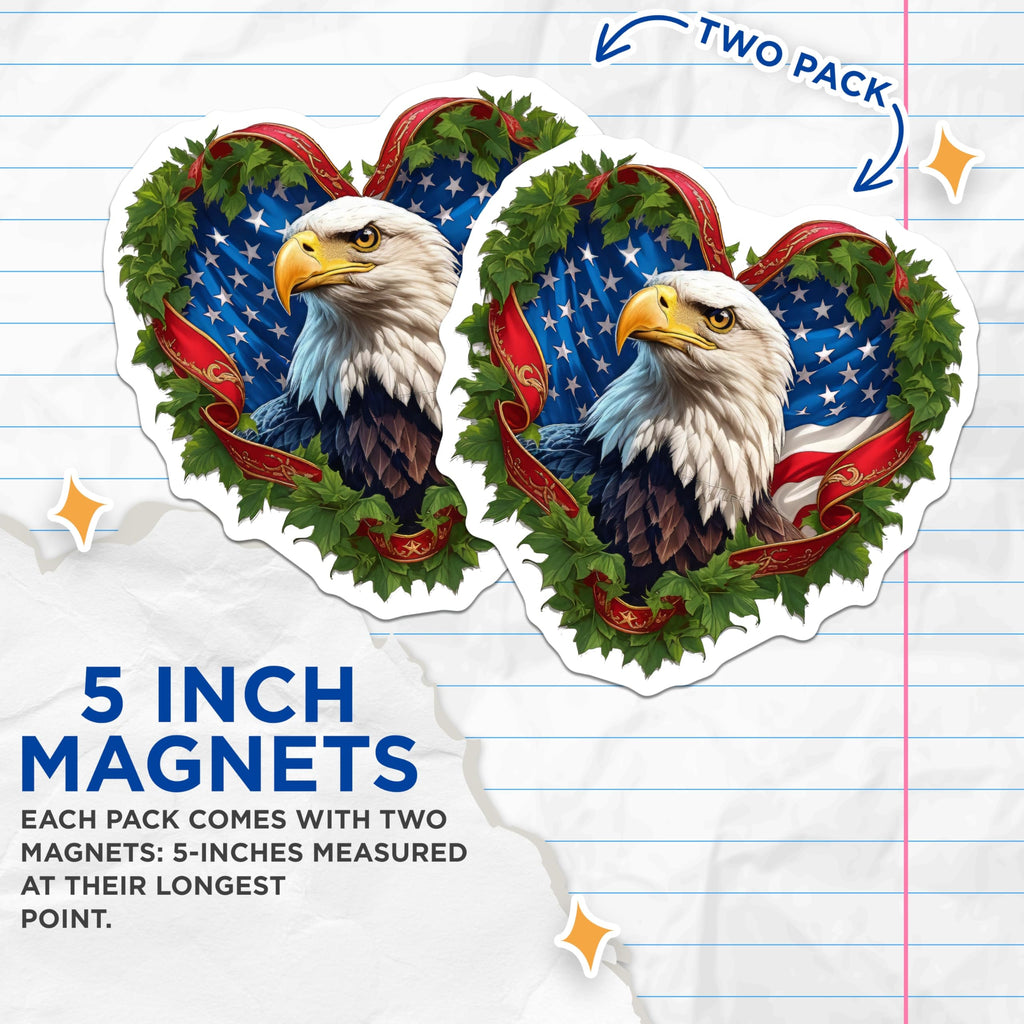 (2 Pack) Bald Eagle Magnets - American Flag Heart Design - Patriotic Home Decor - USA Freedom Symbol Refrigerator Magnets - 5 Inches On Longest Side - Thick Durable Magnet - Made in USA - MAG21904