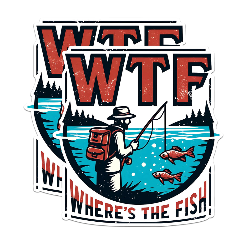 (2 Pack) Funny Fishing Stickers - Fisherman Humor Stickers - WTF Where's The Fish Stickers - 5" On Longest Side - Sticks to Any Smooth Flat Surface - Made in USA - BMCS2614