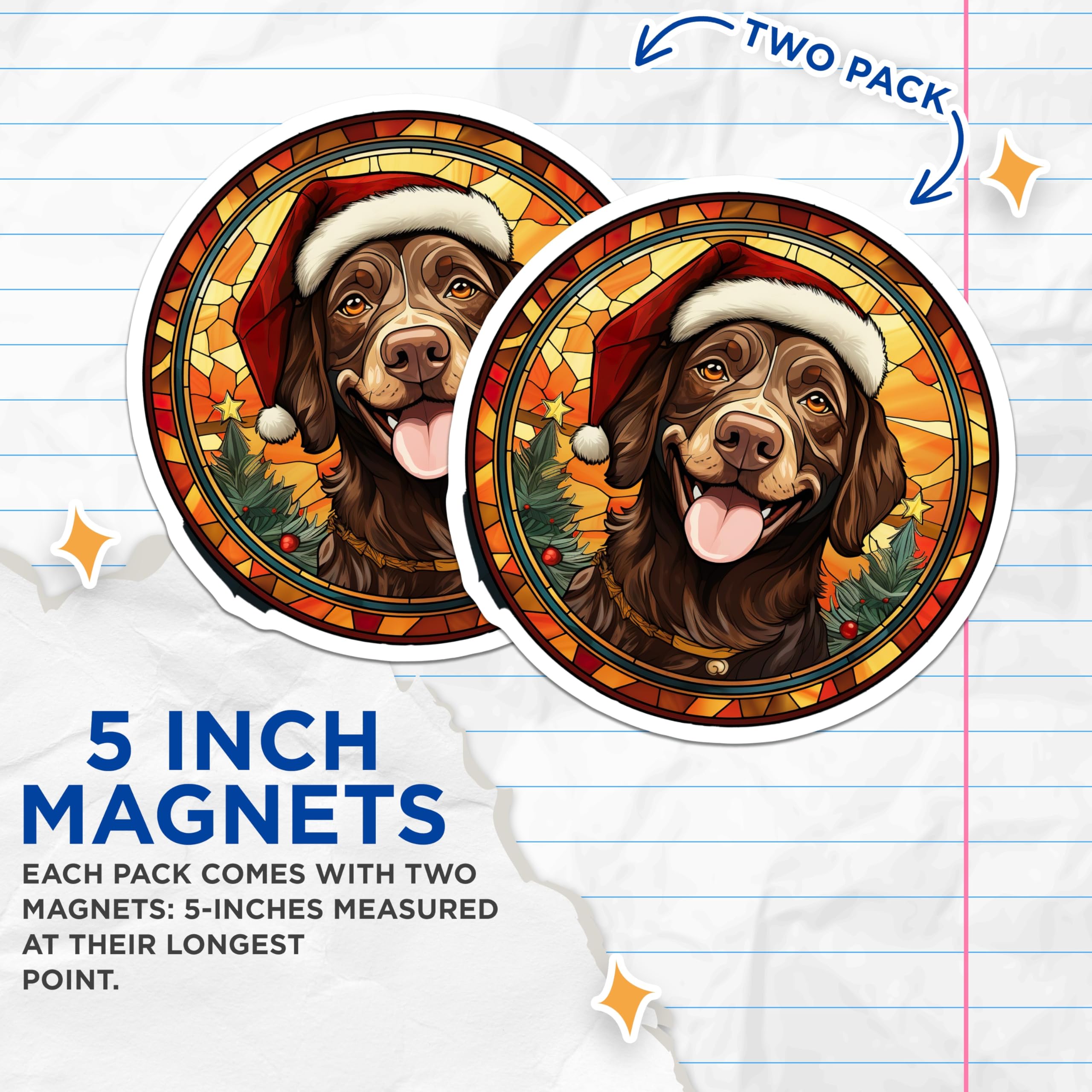 (2 Pack) Stained Glass Christmas Dog Magnets - Festive Santa Hat Canine Art - Holiday Refrigerator Home Decoration - 5 Inches On Longest Side - Thick Durable Magnet - Made in USA - MAG24145