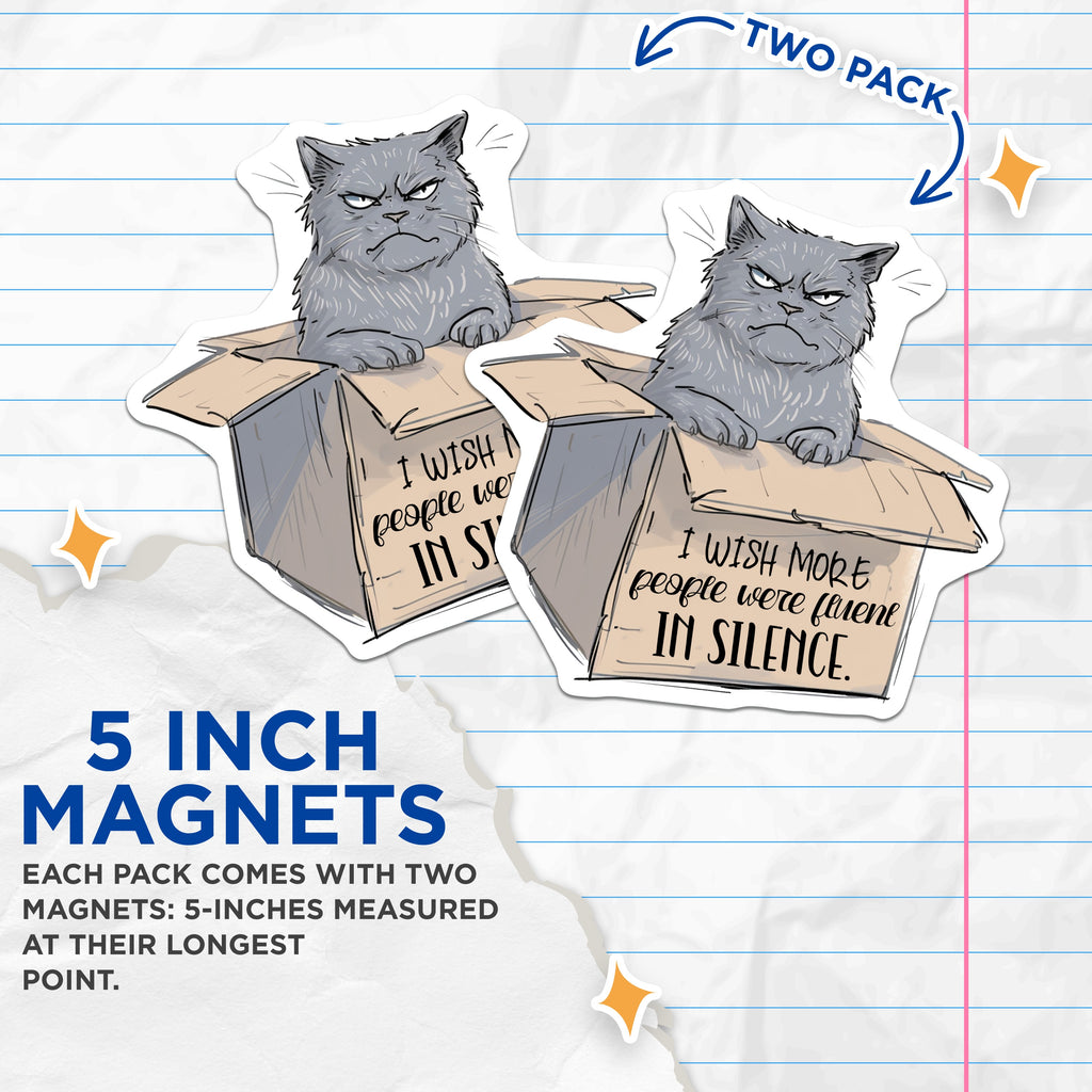 (2 Pack) Grumpy Cat Magnets - Introvert Humor Quote - Fluent in Silence Art - Funny Cat Lover Fridge Accessory - Sarcastic Pet Owner Present - 5" - Thick Durable Magnet - Made in USA - MAG39509