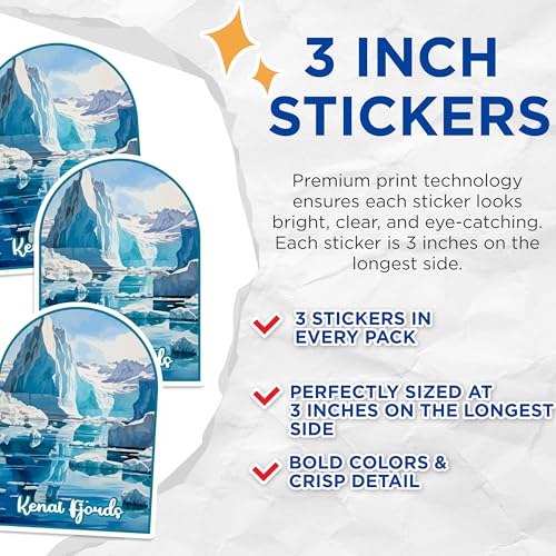 (3 Pack) Kenai Fjords Decals - Glacier Icebergs Stickers - Alaska Scenery Decals - 3 Inches On Longest Side - Easy Peel & Apply - Made in USA - 3MCS0413