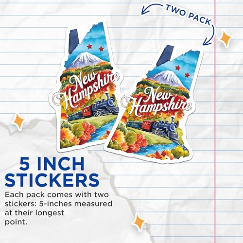 (2 Pack) New Hampshire Stickers - State Travel Decal - Railroad Train Vinyl - Mountain Scenery - Adventure Collection - 5" On Longest Side - Sticks to Smooth Flat Surfaces - Made in USA - BMCS6290