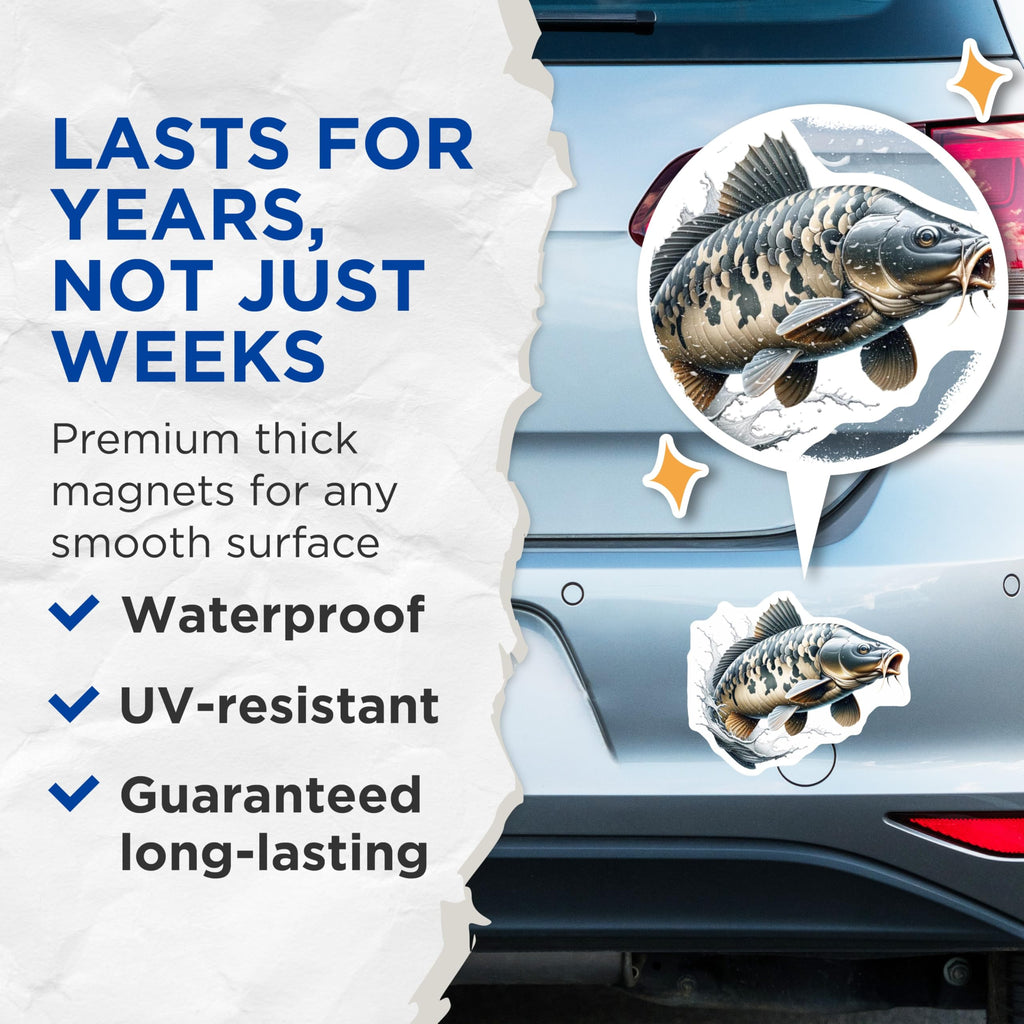 (2 Pack) Jumping Carp Fish Magnets - Freshwater Angler Decor - Refrigerator Locker Art - 5 Inches On Longest Side - Thick Durable Magnet - Made in USA - MAG22421