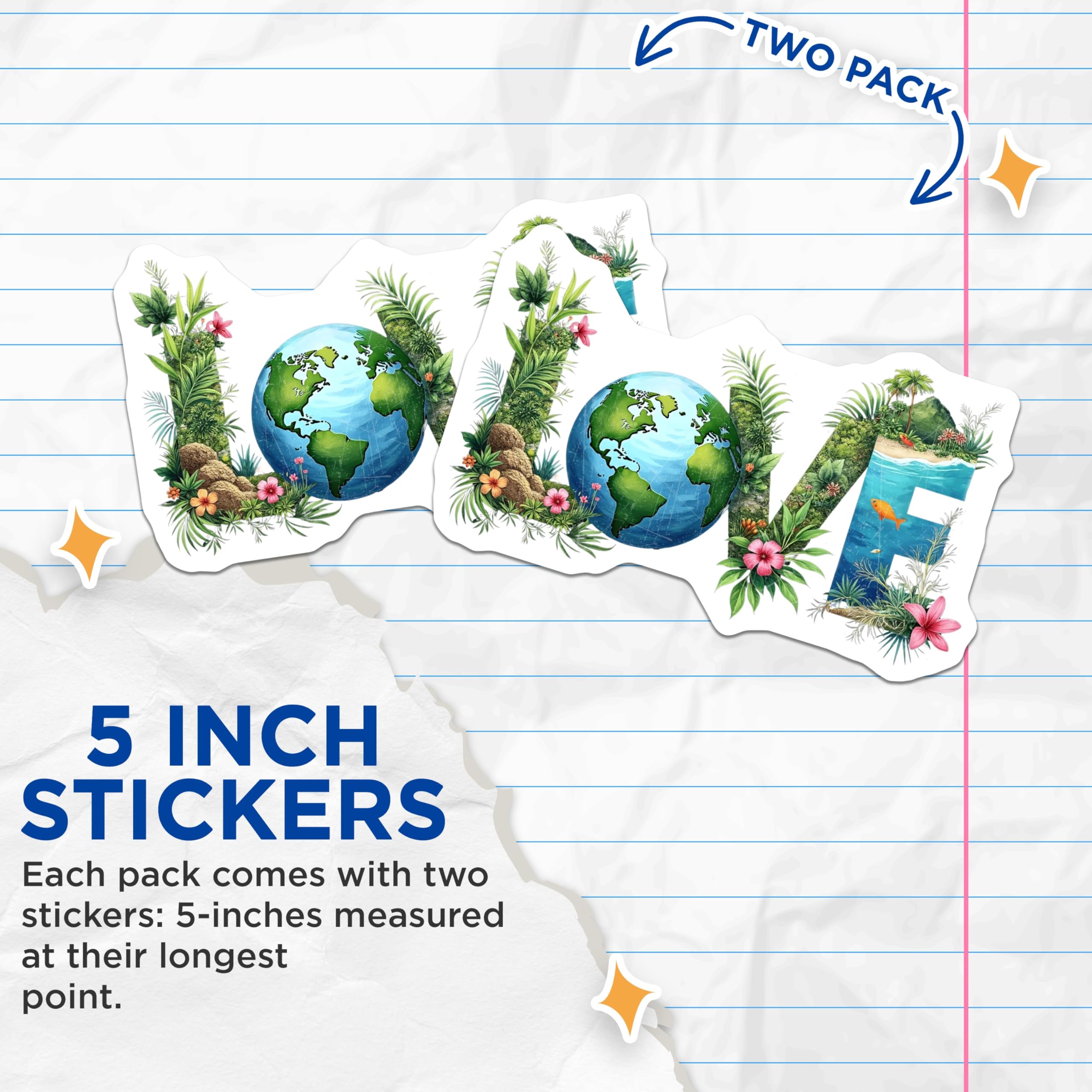 (2 Pack) Earth Love Stickers - Nature Planet Design - Environmental Message Art - 5" On Longest Side - Sticks to Smooth Flat Surfaces - Made in USA - BMCS20567