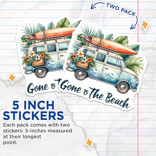 (2 Pack) Gone to The Beach Stickers - Surf Van Decal - 5" On Longest Side - Sticks to Smooth Flat Surfaces - Made in USA - BMCS9288 - BMCS9288