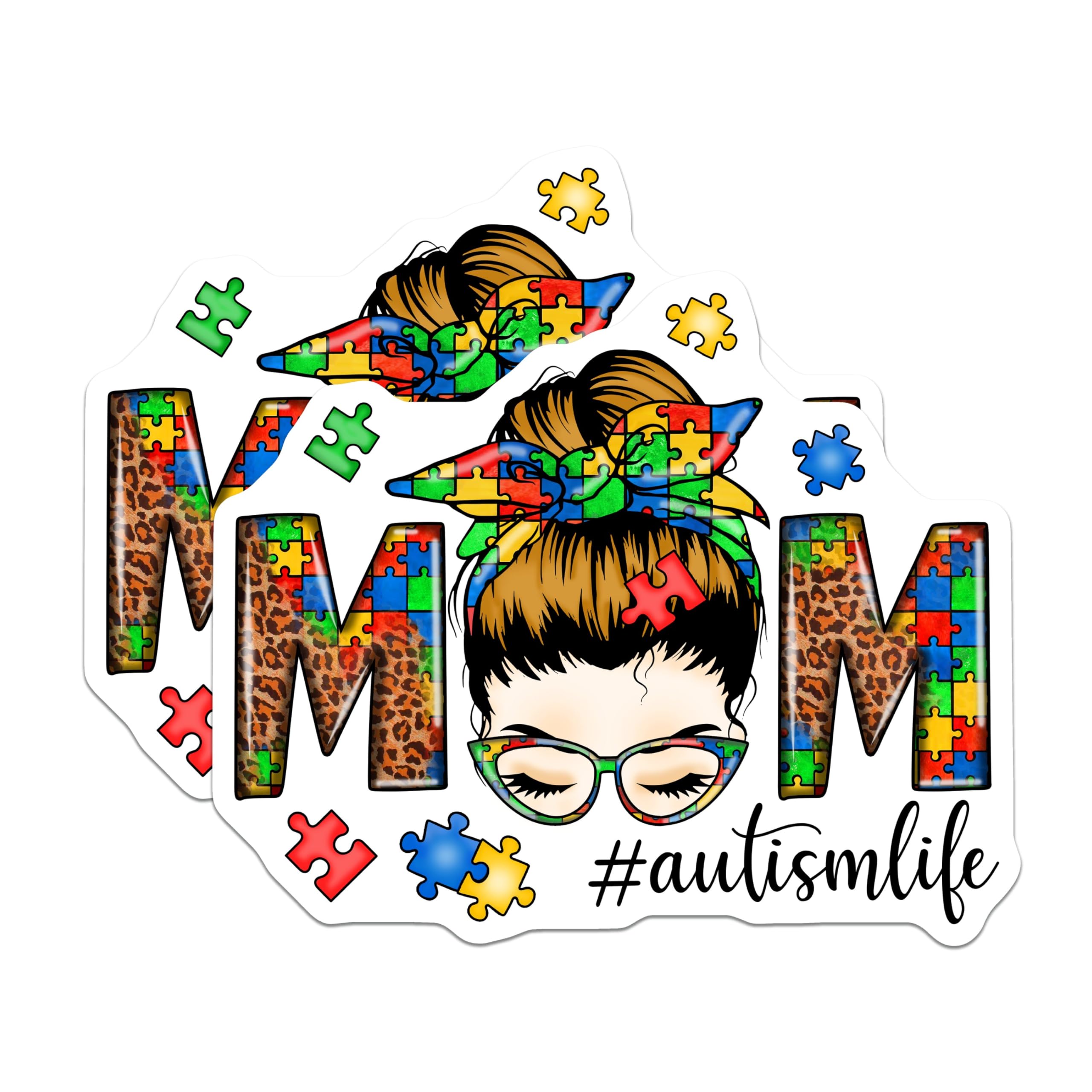 (2 Pack) Autism Life Mom Stickers - Puzzle Piece Autism Awareness - Autism Symbol Decal - 5" On Longest Side - Sticks to Smooth Flat Surfaces - Made in USA - BMCS9002