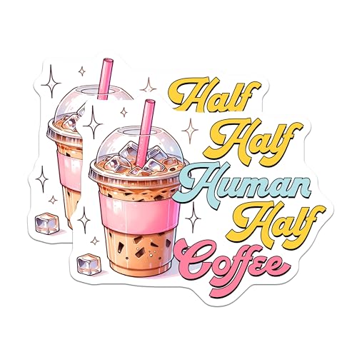 (2 Pack) Half Human Half Coffee Stickers - Cute Coffee Lover - Fun Kawaii Coffee Cup - 5" On Longest Side - Sticks to Smooth Flat Surfaces - Made in USA - BMCS7525