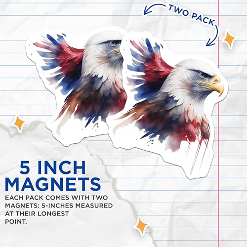 (2 Pack) Bald Eagle Magnets - American Flag - Patriotic Decor - Fridge - Locker - Office - Wildlife Art - 5" On Longest Side - for Cars, Fridges, Toolboxes - Made in USA - MAG6758
