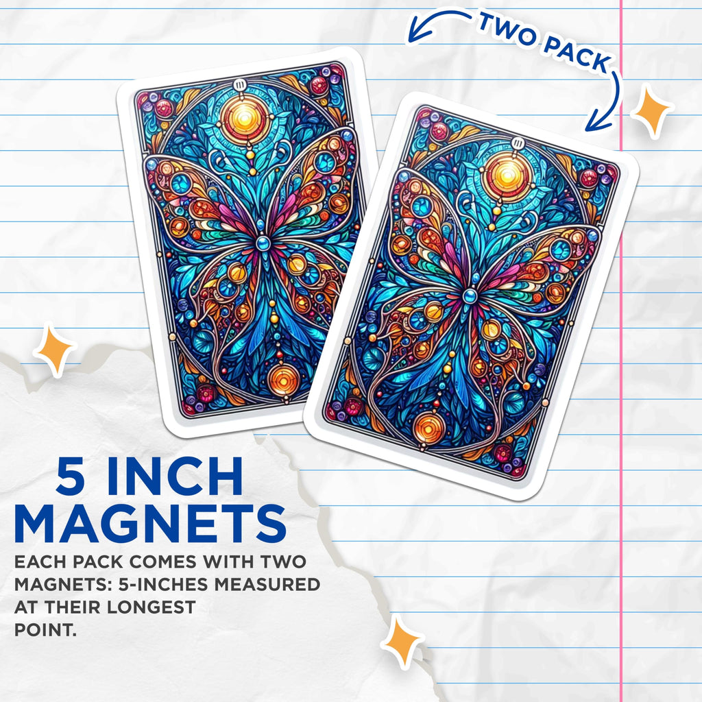 (2 Pack) Stained Glass Butterfly Magnets - Vibrant Art Nouveau Decor - Psychedelic Kitchen Accessories - 5 Inches On Longest Side - Thick Durable Magnet - Made in USA - MAG23237