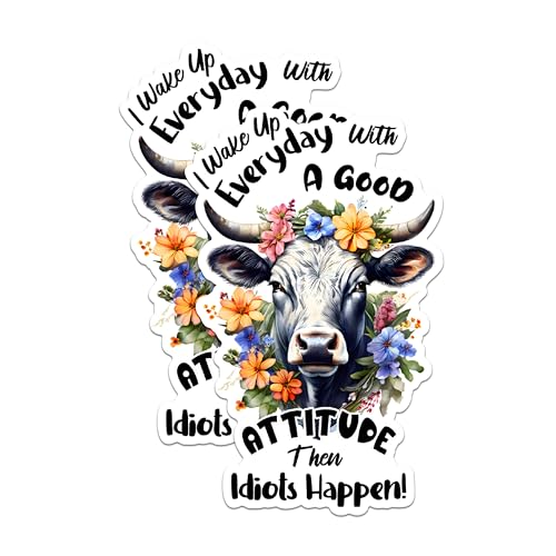 (2 Pack) Cow Attitude Stickers - Floral Cow Stickers - Funny Quote Stickers for Laptops and Water Bottles - 5" On Longest Side - Sticks to Any Smooth Flat Surface - Made in USA - BMCS2920