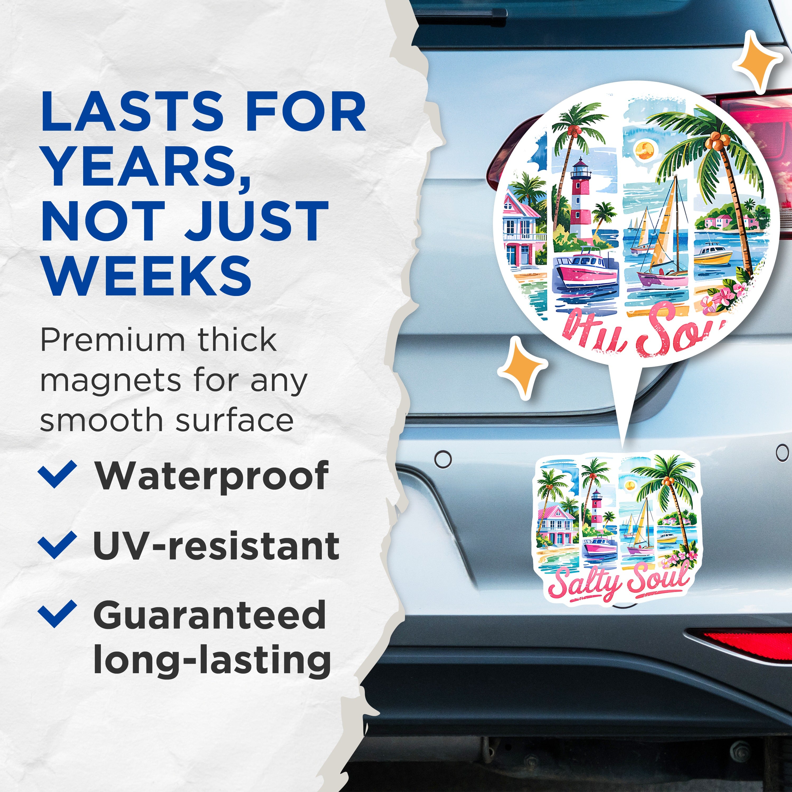 (2 Pack) Salty Soul Magnets - Coastal Beach Decor - Tropical Ocean Art - Summer Vacation Vibe - 5 Inches On Longest Side - Thick Durable Magnet - Made in USA - MAG38831