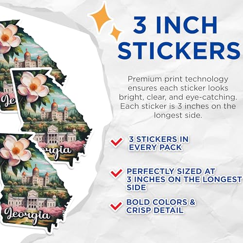 (3 Pack) Georgia State Decals - Capitol Building - Magnolia Flower - Southern Pride - 3 Inches On Longest Side - Easy Peel & Apply - Made in USA - 3MCS0132