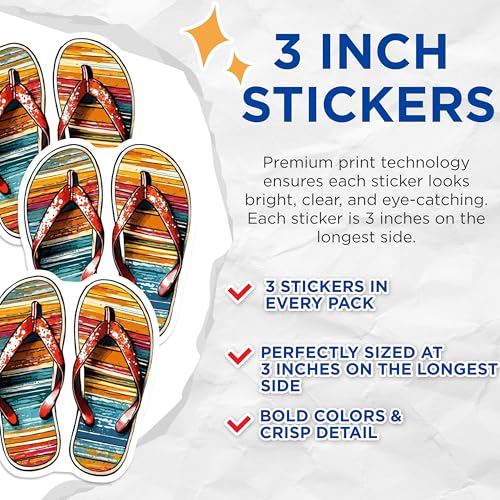 (3 Pack) Flip Flops Decals - Summer Vibes - Beach Themed Stickers - 3 Inches On Longest Side - Easy Peel & Apply - Made in USA - 3MCS8090
