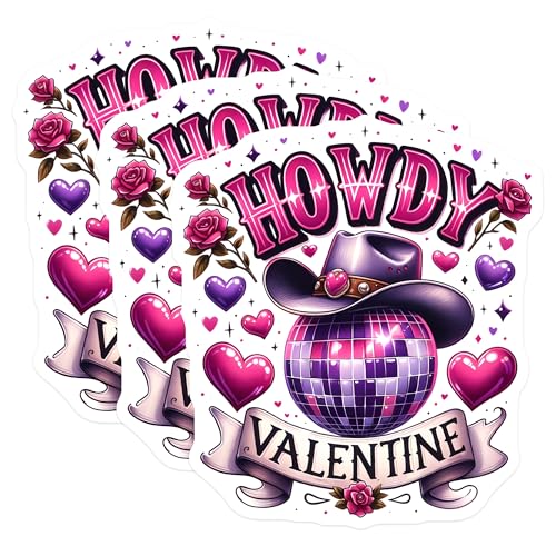 (3 Pack) Howdy Valentine Decals - Disco Ball Decal - Cowboy Hat Laptop Decal - 3 Inches On Longest Side - Easy Peel & Apply - Made in USA - 3MCS1913