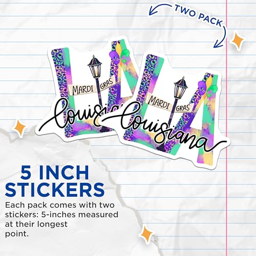 (2 Pack) Mardi Gras Louisiana Stickers - Louisiana Pride Stickers - New Orleans Mardi Gras Stickers - 5" On Longest Side - Sticks to Smooth Flat Surfaces - Made in USA - BMCS4121