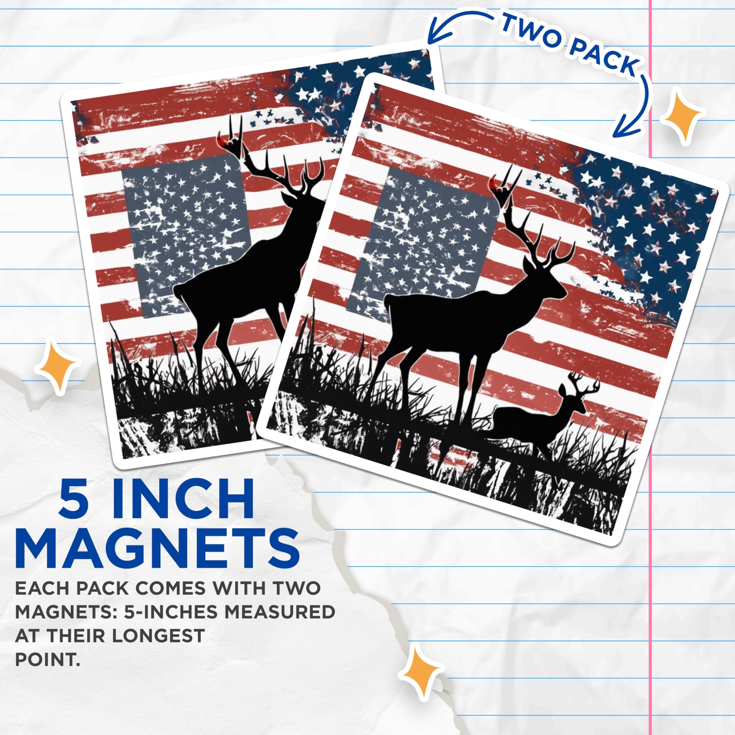 (2 Pack) American Flag Deer Magnets - Patriotic Wildlife Decor - Hunter Vehicle Magnets - Country Refrigerator Accents - 5 Inches On Longest Side - Thick Durable Magnet - Made in USA - MAG20002