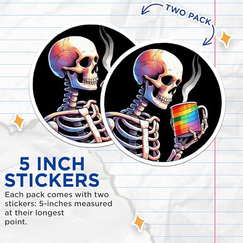 (2 Pack) Skeleton Drinking Coffee Stickers - Rainbow Mug Sticker - Coffee Lover Stickers - 5" On Longest Side - Sticks to Smooth Flat Surfaces - Made in USA - BMCS6416