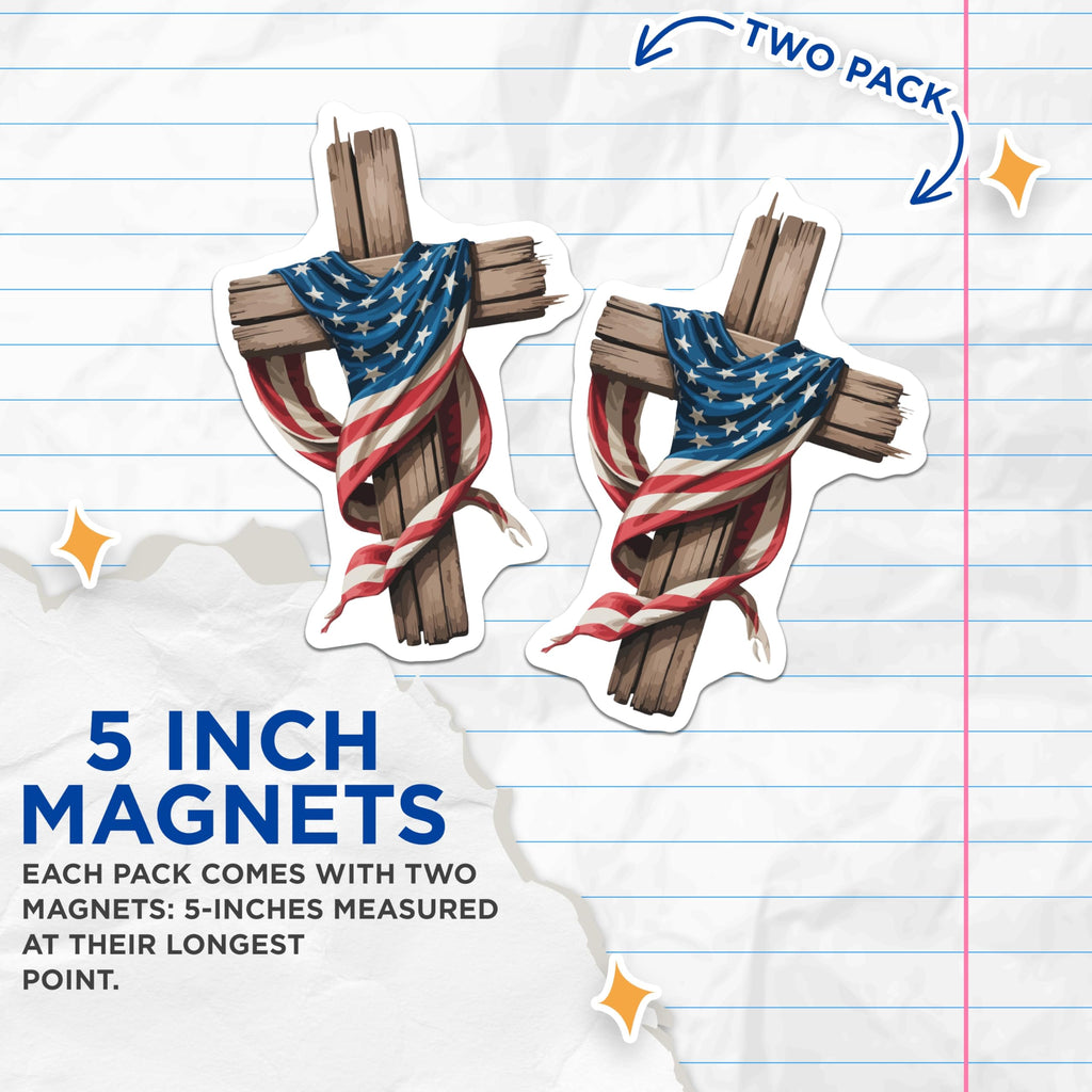 (2 Pack) American Flag Cross Magnets - Christian Faith Patriotism - USA Freedom National Pride Memorial Day Decor - 5 Inches On Longest Side - Thick Durable Magnet - Made in USA - MAG20632