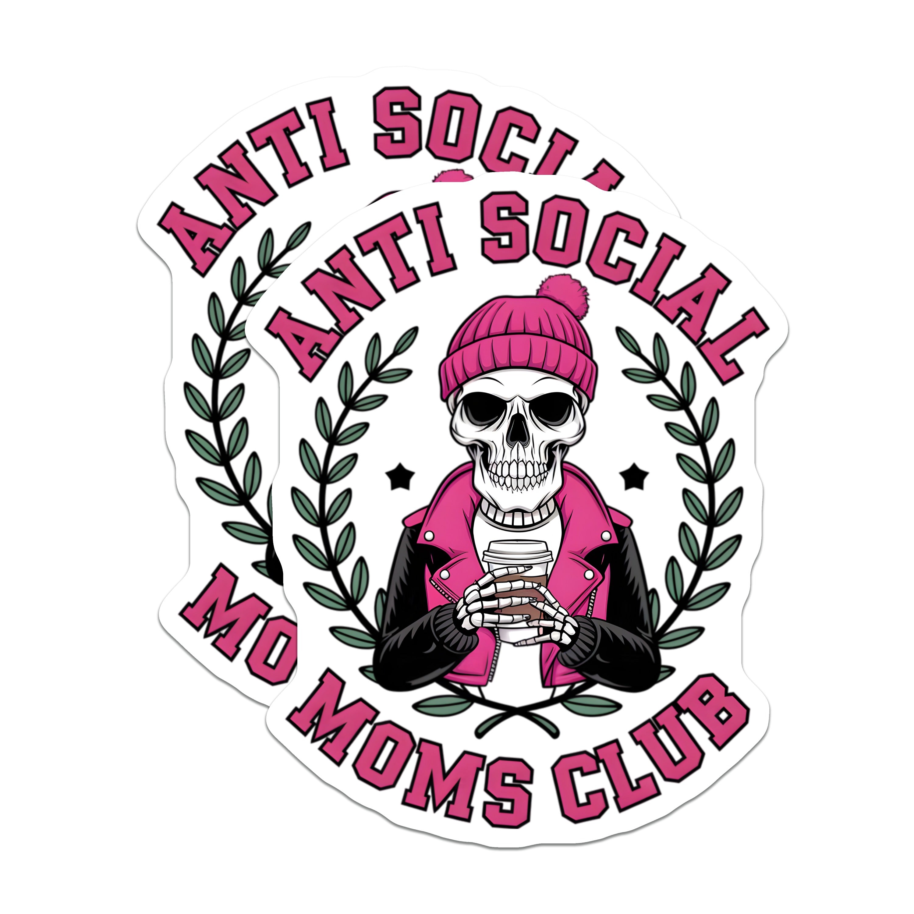 (2 Pack) Anti Social Moms Club Magnets - Skull Coffee Mom Magnet Set - Rebel Mom Humorous Fridge Decor - 5 Inches On Longest Side - Thick Durable Magnet - Made in USA - MAG39263