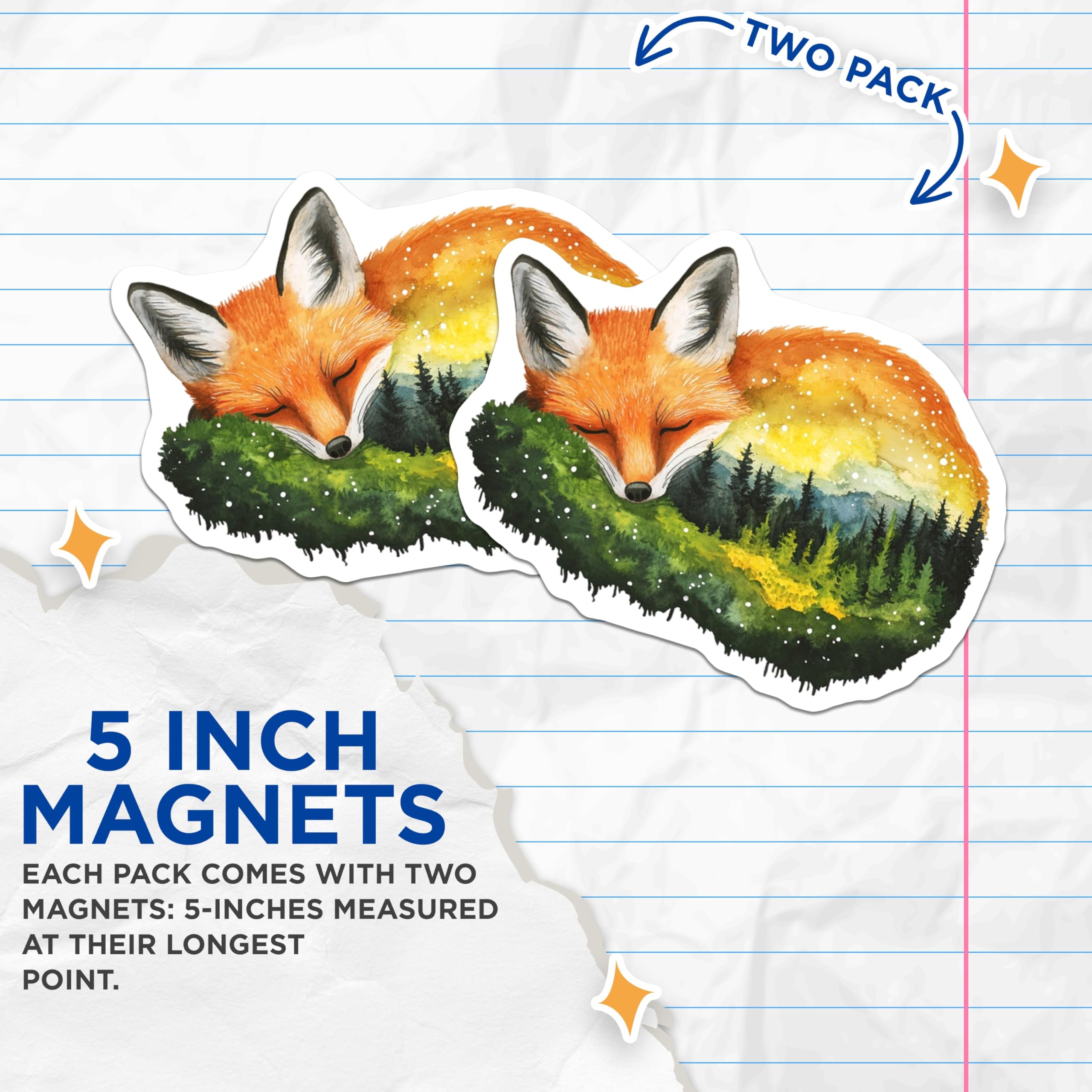 (2 Pack) Fox Magnets - Sleeping Fox - Forest Scene - Fridge Magnet - 5" On Longest Side - Premium Magnet - for Cars, Refrigerators, Toolboxes, Lockers - Made in USA - MAG14714