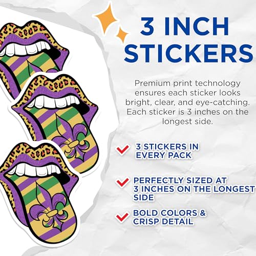 (3 Pack) Mardi Gras Lips Decals - Fleur de Lis - Leopard Print Decals - 3 Inches On Longest Side - Easy Peel & Apply - Made in USA - 3MCS7705