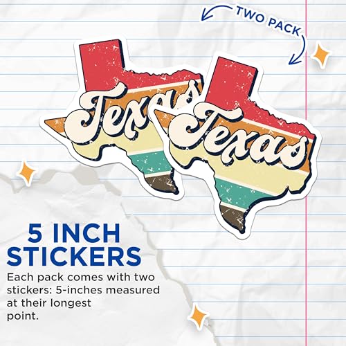 (2 Pack) Texas State Map Stickers - Vintage Texas Design - Retro Travel Stickers - 5" On Longest Side - Sticks to Smooth Flat Surfaces - Made in USA - BMCS5693