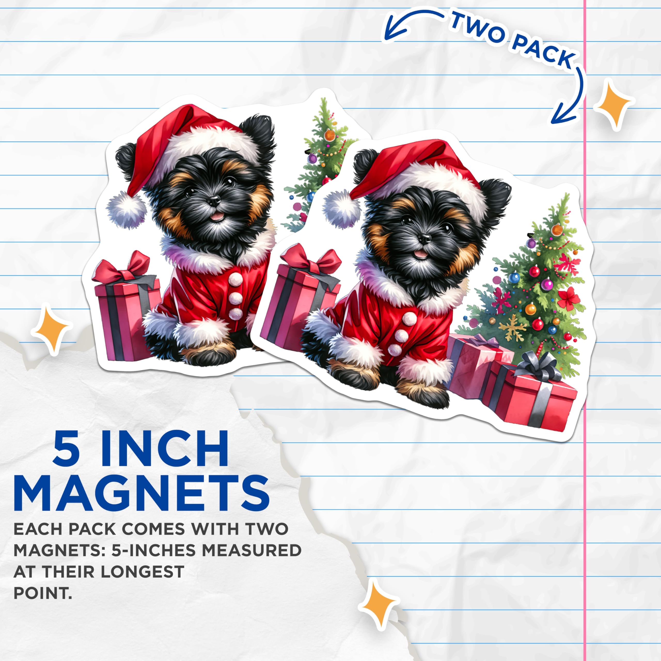 (2 Pack) Christmas Puppy Magnets - Cute Yorkie Santa Dog Decor - Holiday Refrigerator Accents - 5 Inches On Longest Side - Thick Durable Magnet - Made in USA - MAG29707
