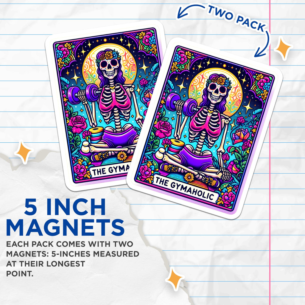(2 Pack) Gym Skeleton Magnets - Fitness Lover Art - Day of the Dead Calavera Decor - 5 Inches On Longest Side - Thick Durable Magnet - Made in USA - MAG23865