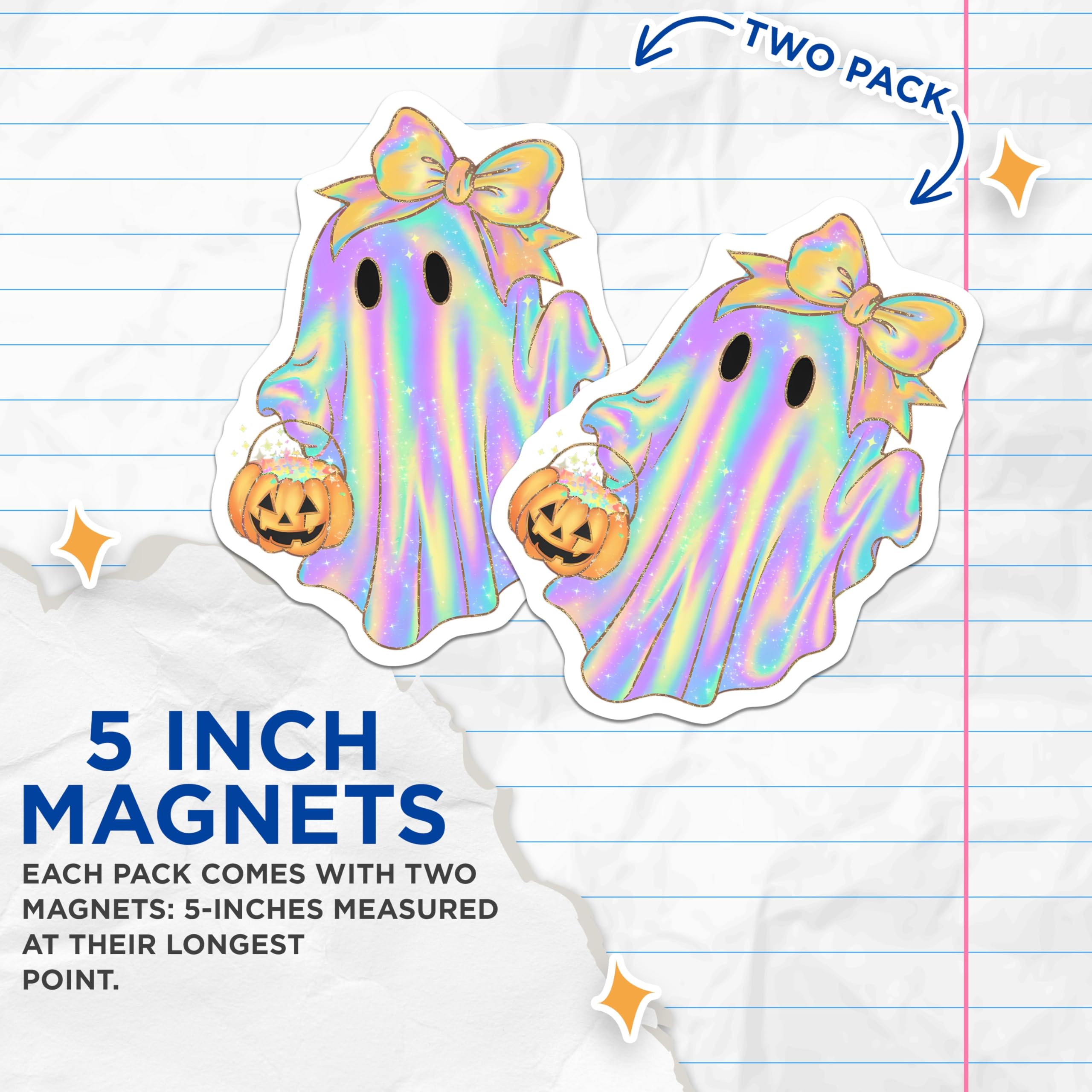 (2 Pack) Holographic Ghost Magnets - Iridescent Halloween Decor - Kawaii Pastel Trick or Treat - 5 Inches On Longest Side - Thick Durable Magnet - Made in USA - MAG23130