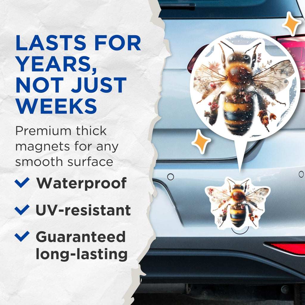 (2 Pack) Floral Honey Bee Magnets - Cute Insect Art - Kitchen Refrigerator Decor - 5" On Longest Side - Premium Magnet - for Cars, Refrigerators, Toolboxes, Lockers - Made in USA - MAG15946