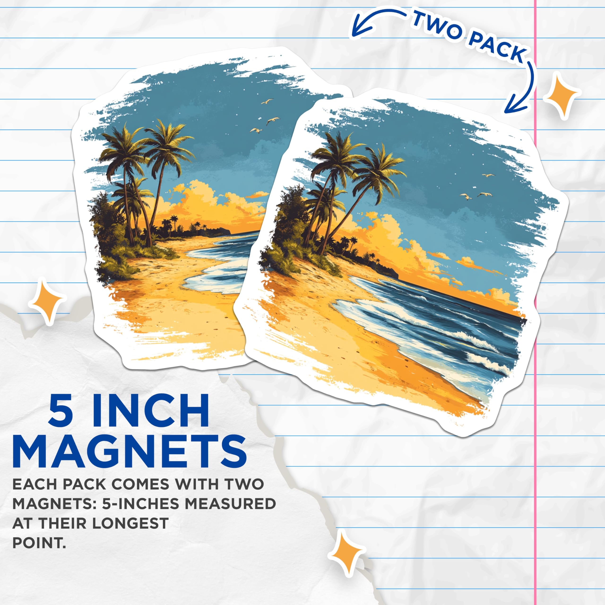 (2 Pack) Tropical Beach Sunset Magnets - Ocean Shoreline Art - Palm Tree Island Scene - Coastal Home Decor Accents - 5 Inches On Longest Side - Thick Durable Magnet - Made in USA - MAG24271