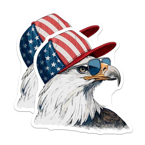 (2 Pack) Patriotic Eagle Stickers - American Flag Hat - Bald Eagle Decal - 5" On Longest Side - Sticks to Smooth Flat Surfaces - Made in USA - BMCS5732