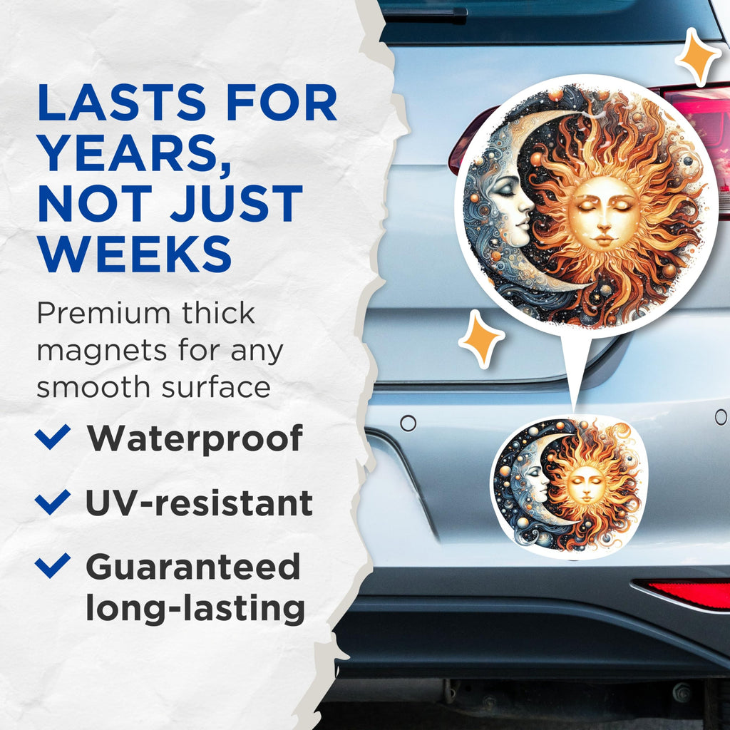 (2 Pack) Celestial Moon and Sun Magnets - Moon and Sun Cosmic Magnets - Celestial Art - 5 Inches On Longest Side - Premium Magnet - for Cars, Refrigerators, Toolboxes - Made in USA - MAG2243