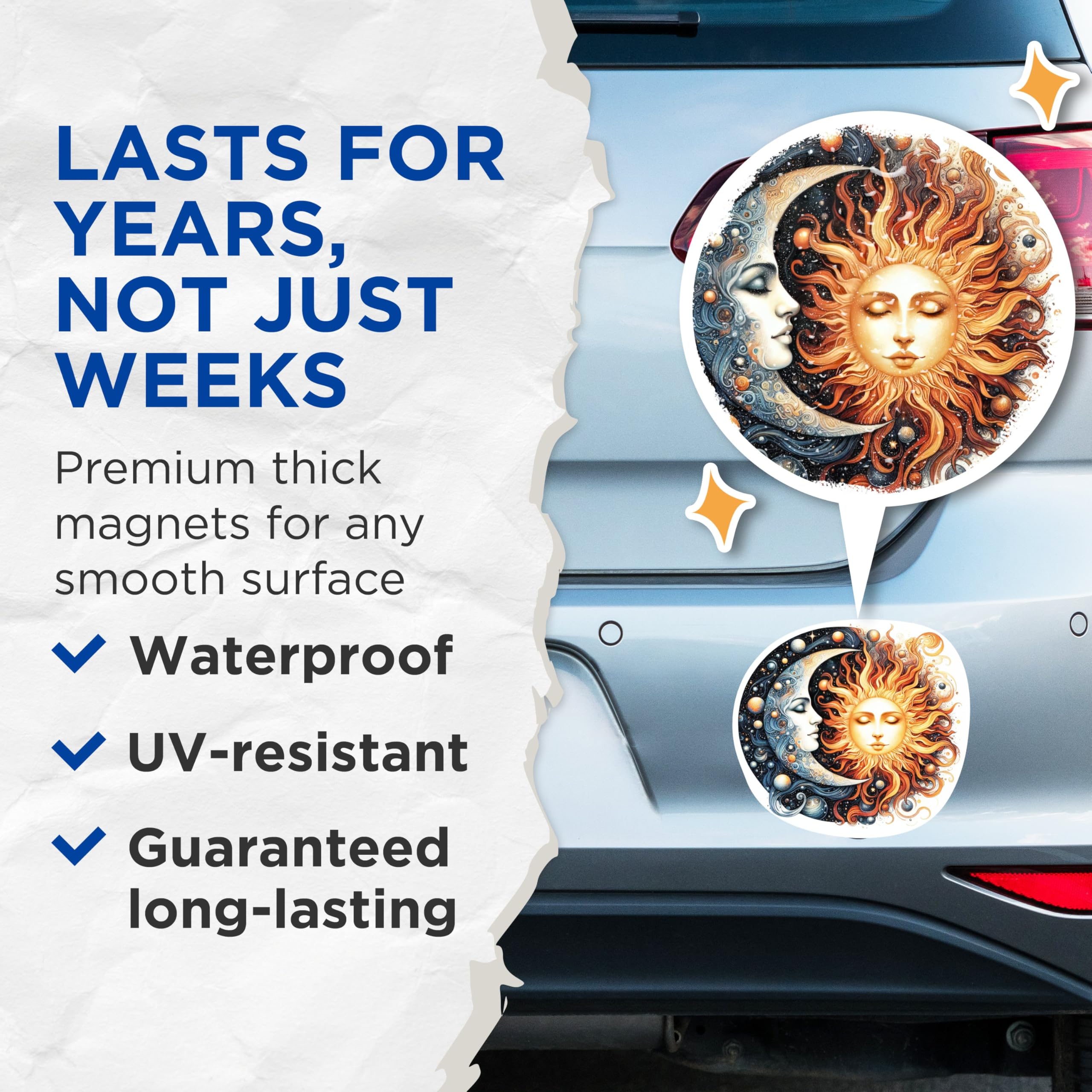 (2 Pack) Celestial Moon and Sun Magnets - Moon and Sun Cosmic Magnets - Celestial Art - 5 Inches On Longest Side - Premium Magnet - for Cars, Refrigerators, Toolboxes - Made in USA - MAG2243