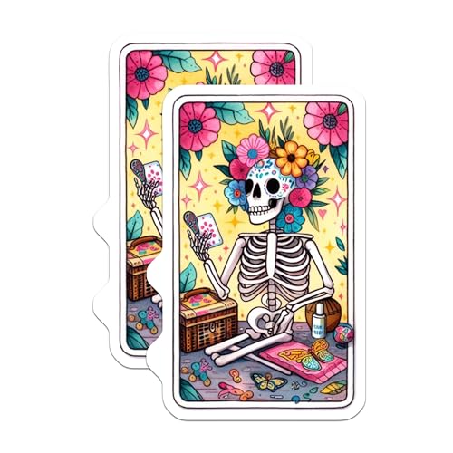 (2 Pack) Colorful Skeleton Art Stickers - Day of The Dead Decor - Unique Floral Skull - 5" On Longest Side - Sticks to Smooth Flat Surfaces - Made in USA - BMCS9417