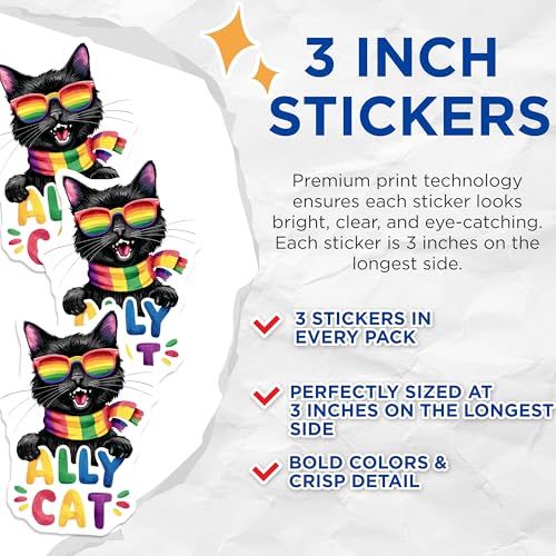 (3 Pack) Ally Cat Decals - Rainbow Scarf Cat - LGBTQ Pride Decal - 3 Inches On Longest Side - Easy Peel & Apply - Made in USA - 3MCS8305