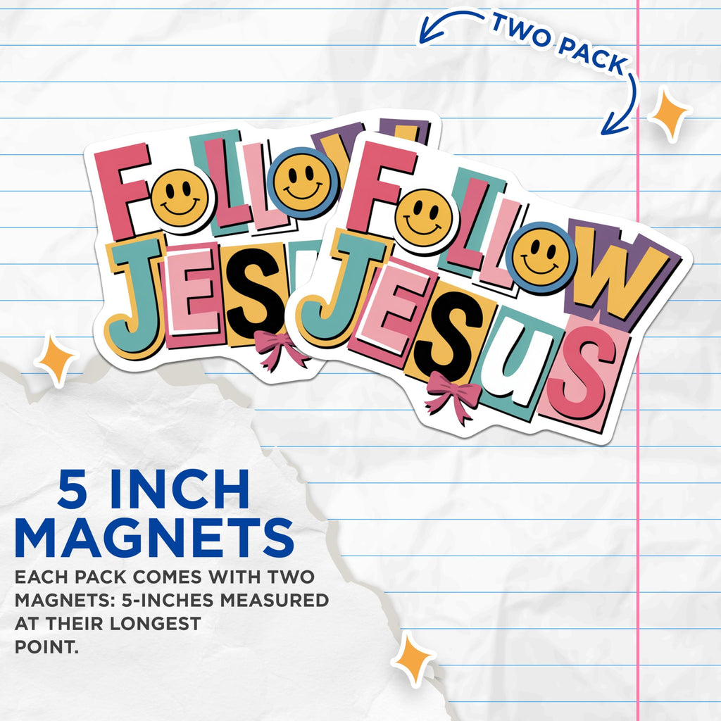 (2 Pack) Follow Jesus Magnets - Christian Faith Decor - Retro Smiley Face Aesthetic - Inspirational Refrigerator - 5 Inches On Longest Side - Thick Durable Magnet - Made in USA - MAG28822