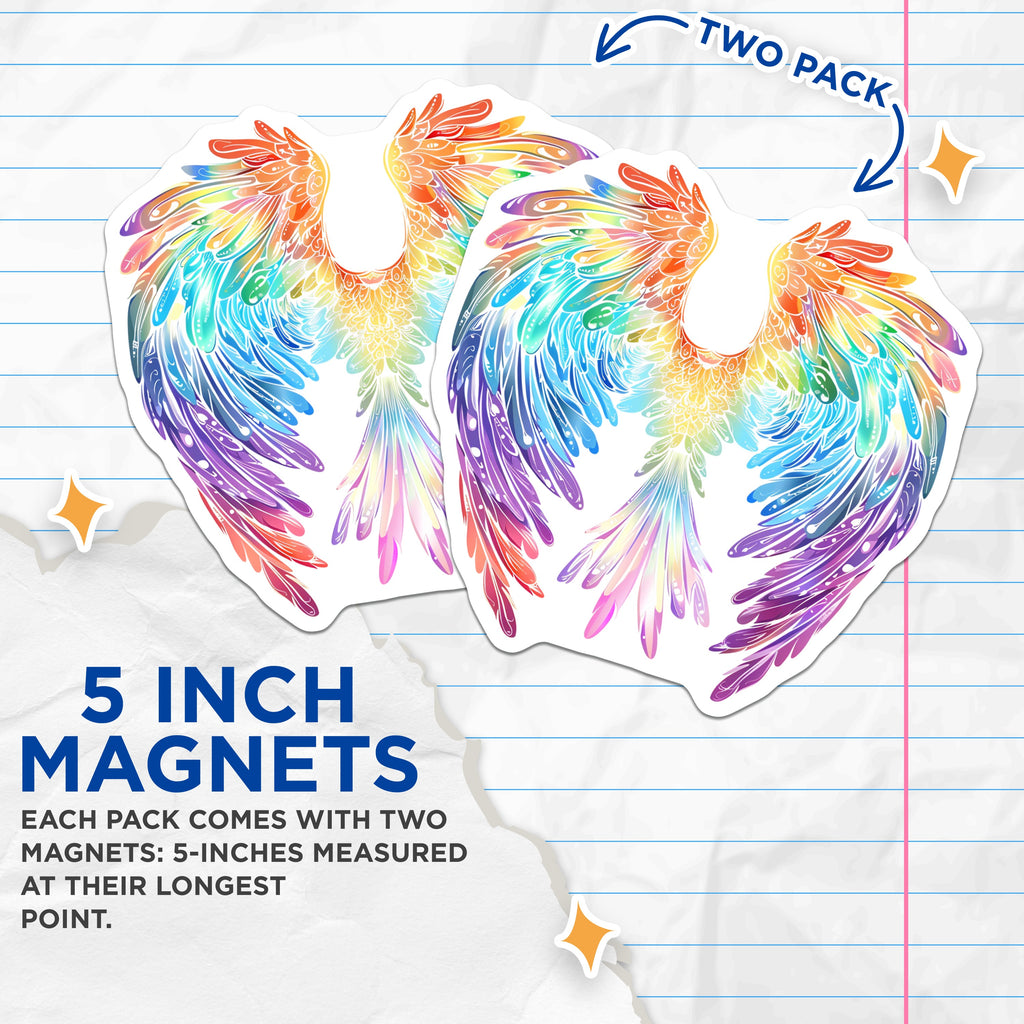 (2 Pack) Rainbow Wings Magnets - Vibrant Angel Feather Art - Spiritual Home Decor - 5 Inches On Longest Side - Thick Durable Magnet - Made in USA - MAG39520