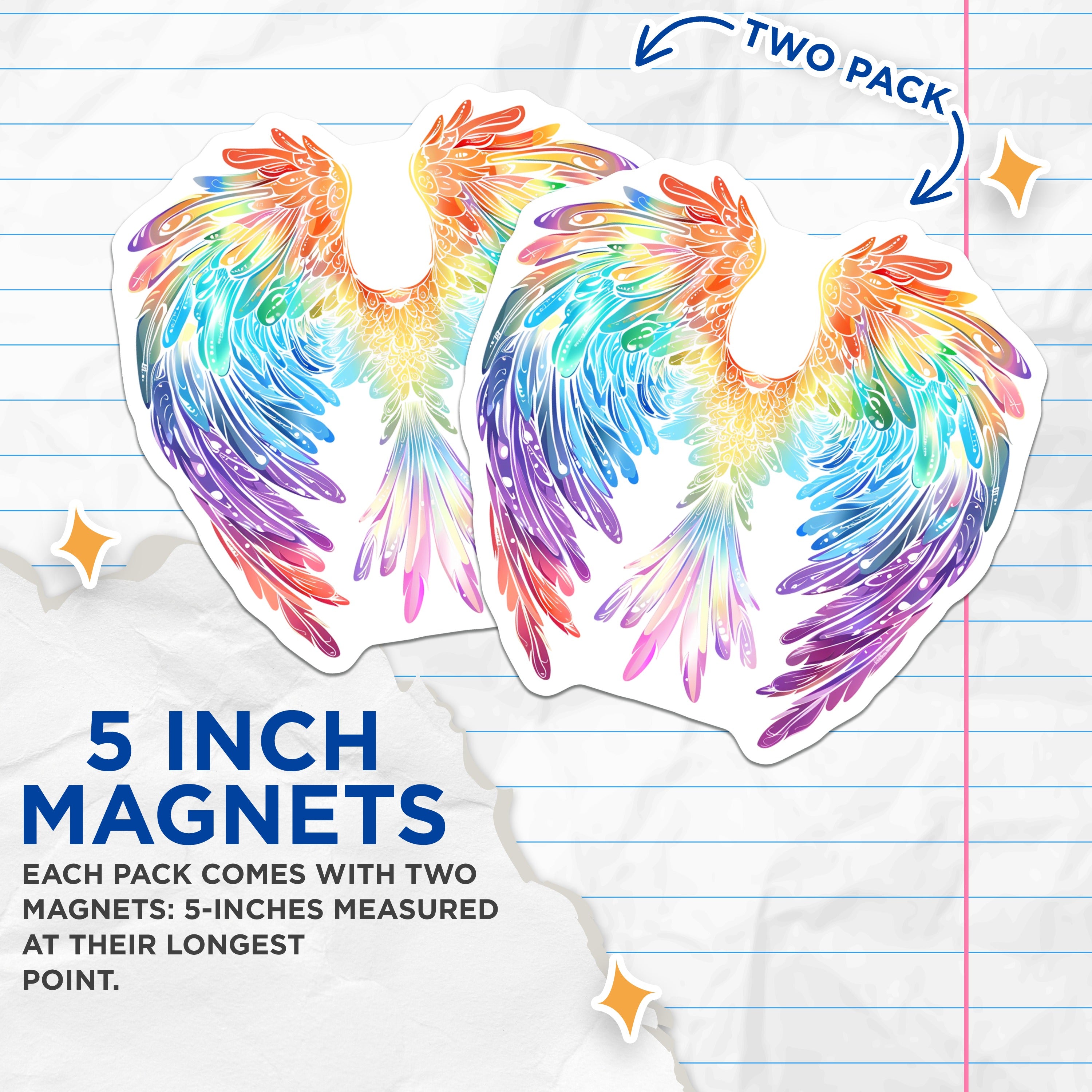 (2 Pack) Rainbow Wings Magnets - Vibrant Angel Feather Art - Spiritual Home Decor - 5 Inches On Longest Side - Thick Durable Magnet - Made in USA - MAG39520